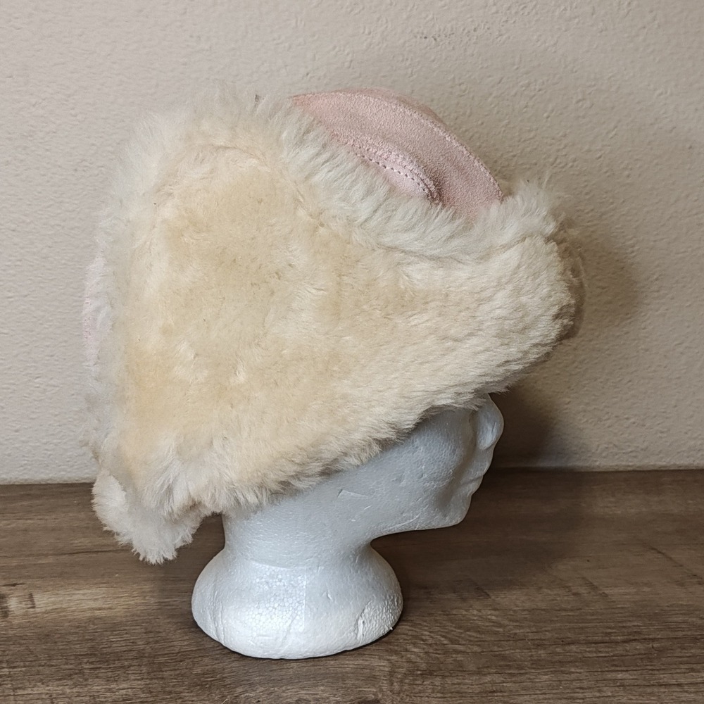 Minnetonka Trapper Hat Women Medium Pink Suede Real Sheep Fur 9255 Ear Flaps